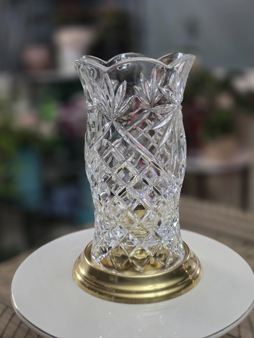 Clear Crystal Cut Glass Vase with Gold Base by